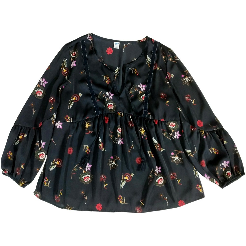Old Navy Womens Medium Black Floral Peasant Boho Blouse Tassels Long Sleeve